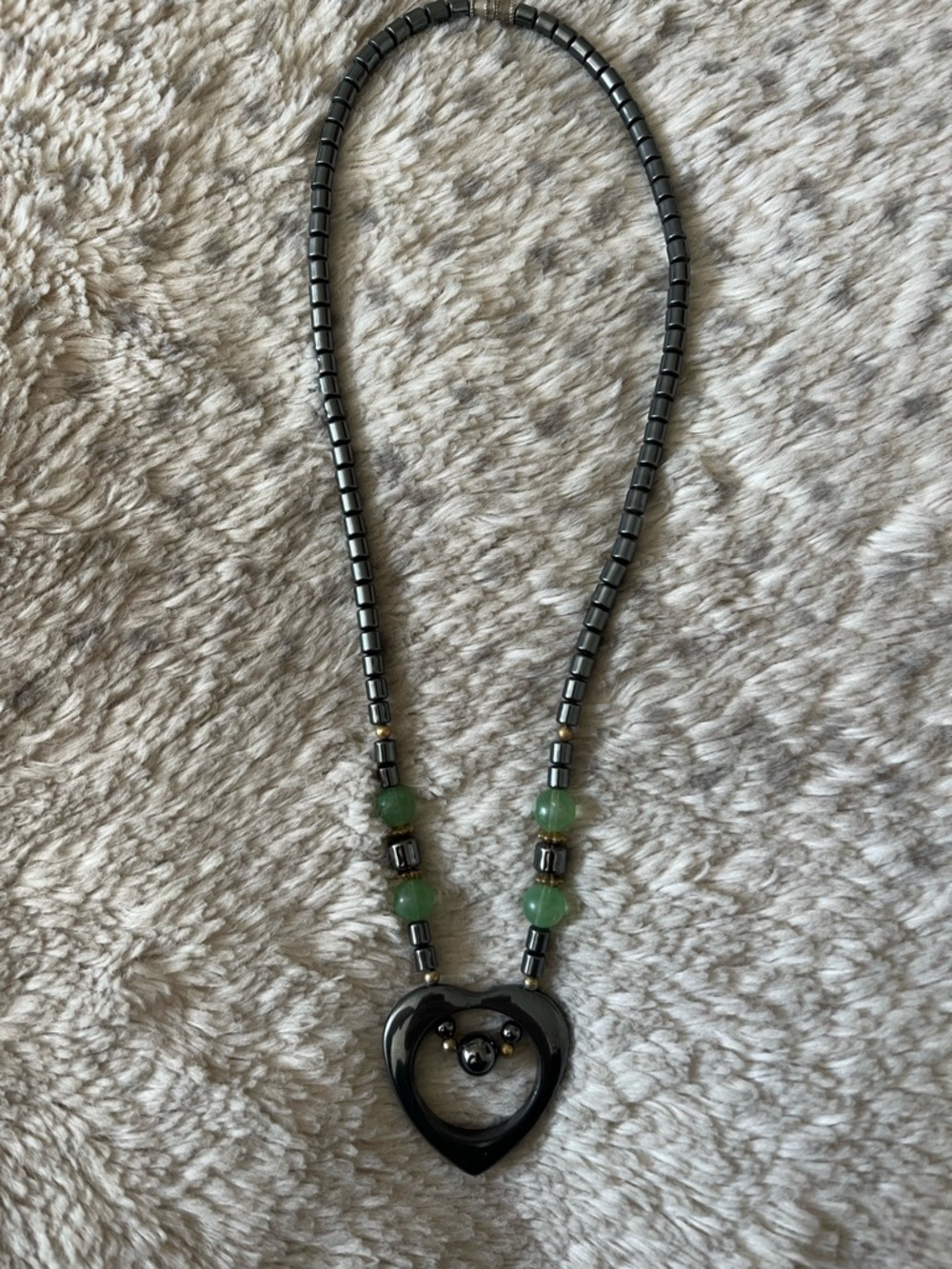Heart Pendant Necklace with Green Beads - Black Hematite Finish